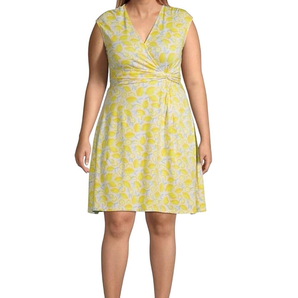 Lands End Sunny Yellow Lemon Print Faux Wrap Dress Size Large 14/16